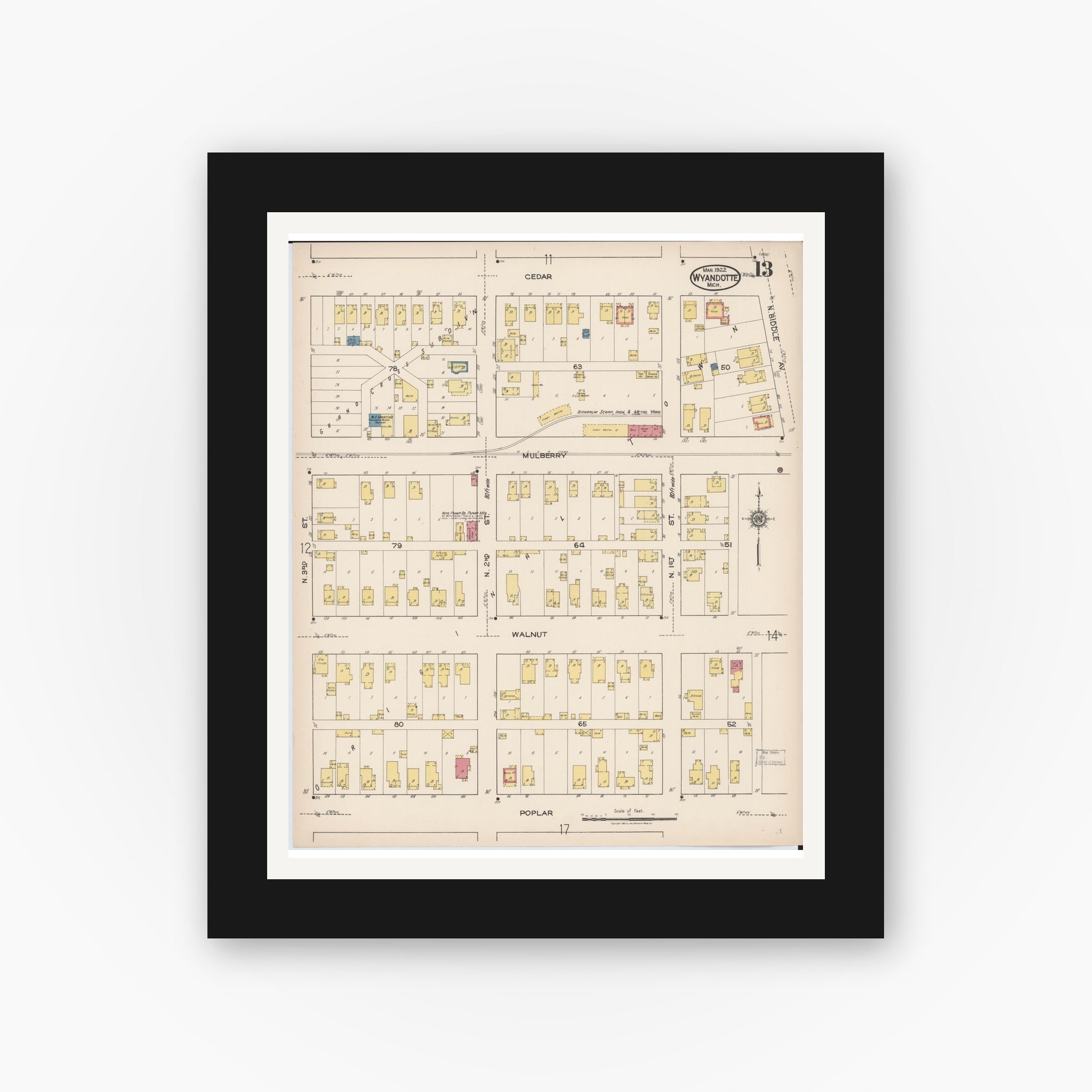 Old map wall art mockup — black gallery frame with white mat — Sanborn Fire Insurance Map from Wyandotte, Wayne County, Michigan (1922), Sheet #0013