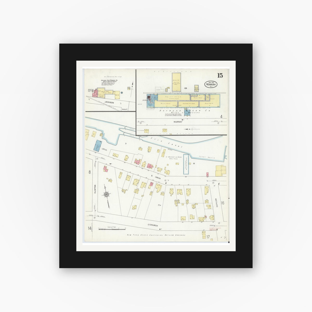 Old map wall art mockup — black gallery frame with white mat — Sanborn Fire Insurance Map from Newark, Wayne County, New York (1912), Sheet #0015