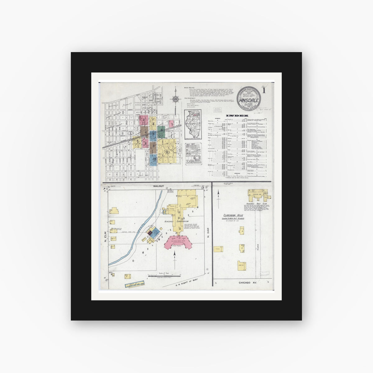 Old map wall art mockup — black gallery frame with white mat — Sanborn Fire Insurance Map from Hinsdale, Du Page And Cook Counties, Illinois (1919) - Complete Map Set