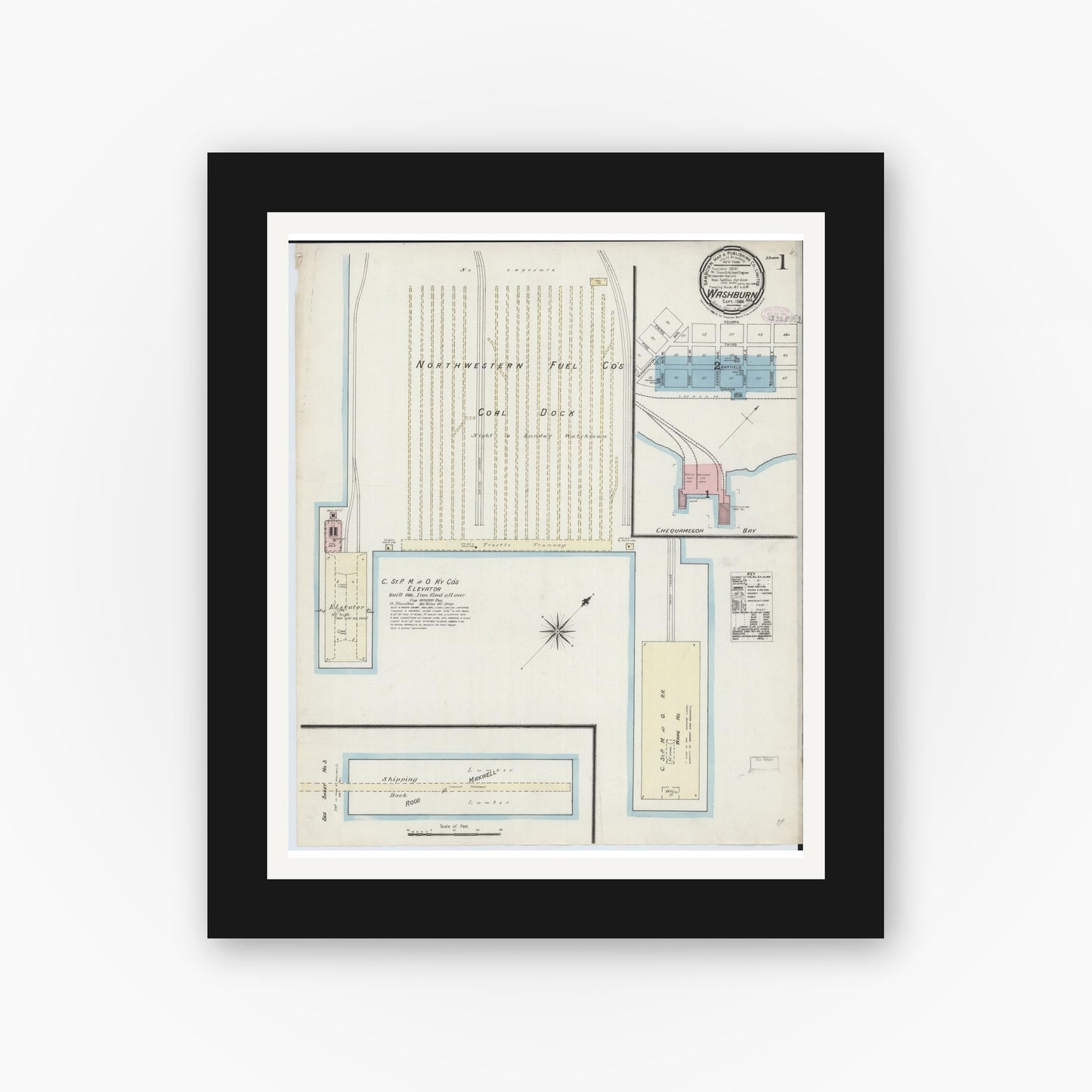 Old map wall art mockup — black gallery frame with white mat — Sanborn Fire Insurance Map from Washburn, Bayfield County, Wisconsin (1886) - Complete Map Set