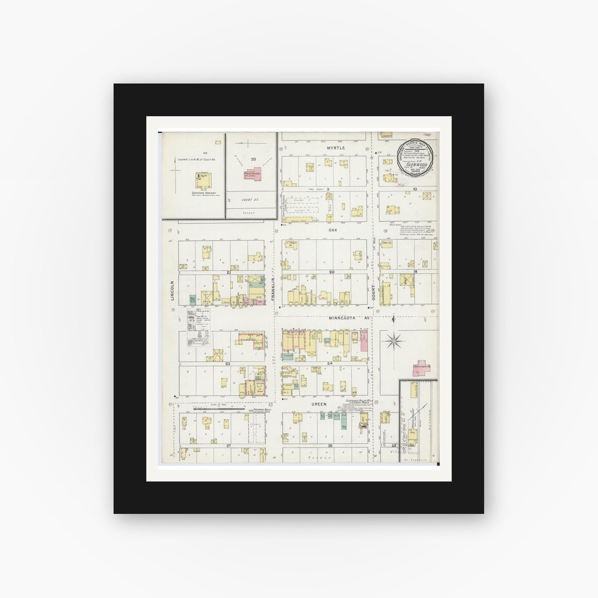 Old map wall art mockup — black gallery frame with white mat — Sanborn Fire Insurance Map from Glenwood, Pope County, Minnesota (1895), Sheet #0001