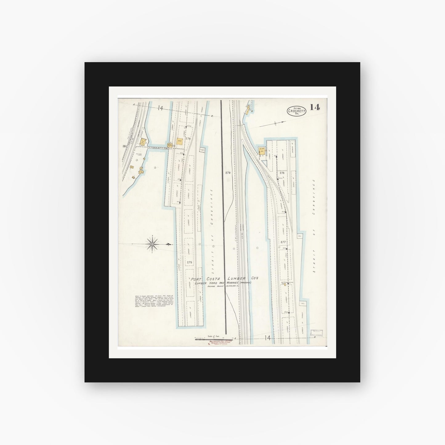 Old map wall art mockup — black gallery frame with white mat — Sanborn Fire Insurance Map from Crockett, Contra Costa County, California (1906), Sheet #0014