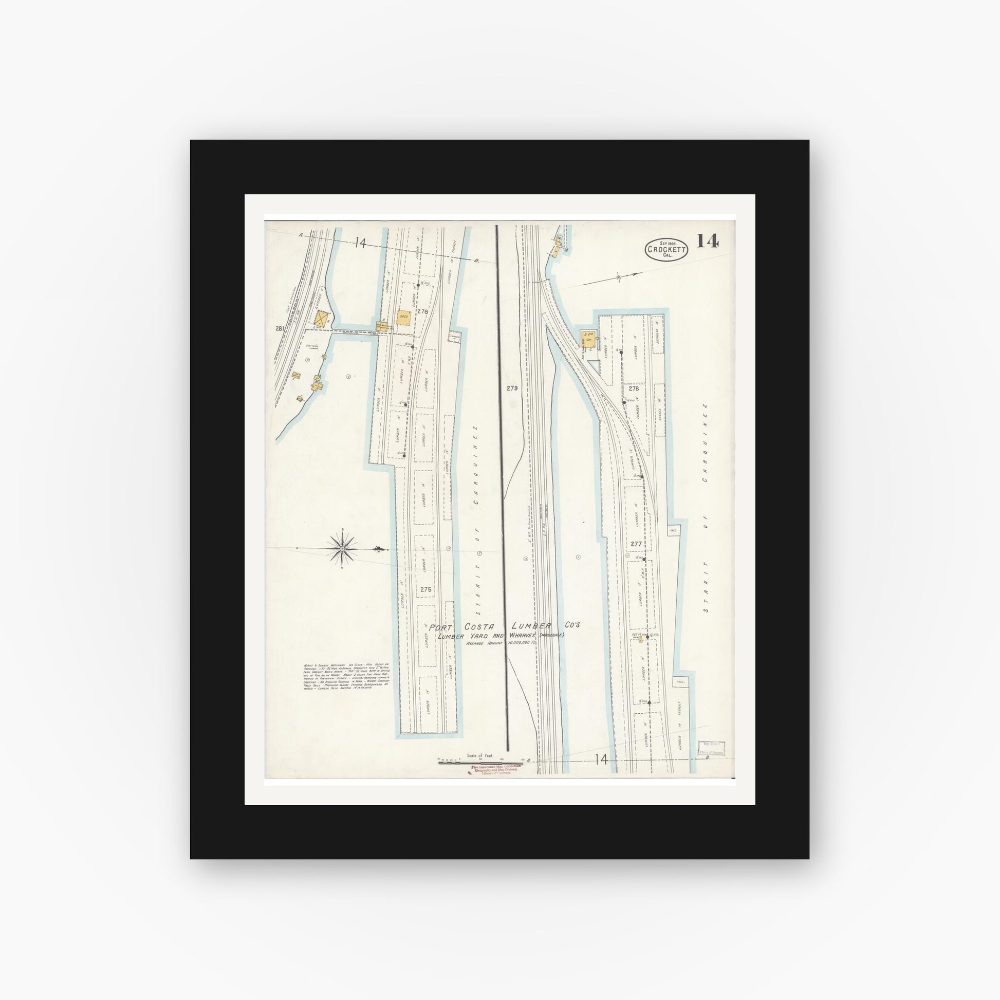 Old map wall art mockup — black gallery frame with white mat — Sanborn Fire Insurance Map from Crockett, Contra Costa County, California (1906), Sheet #0014