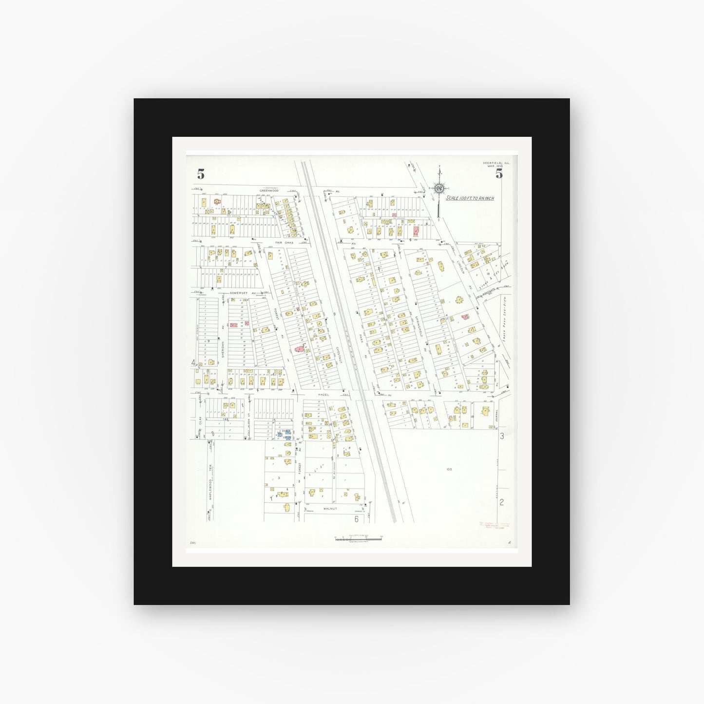 Old map wall art mockup — black gallery frame with white mat — Sanborn Fire Insurance Map from Deerfield, Lake County, Illinois (1935), Sheet #0005