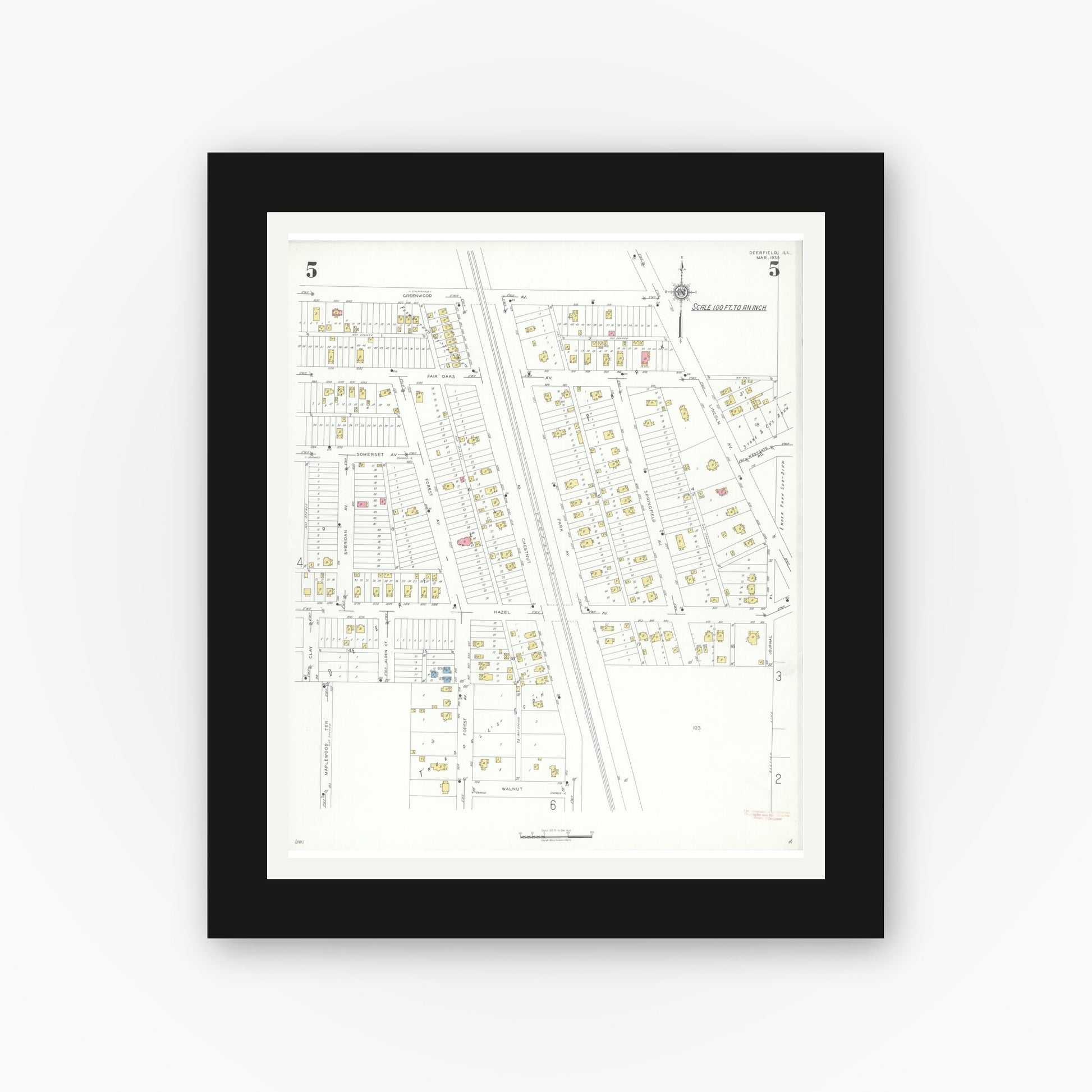 Old map wall art mockup — black gallery frame with white mat — Sanborn Fire Insurance Map from Deerfield, Lake County, Illinois (1935), Sheet #0005