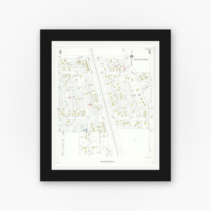 Old map wall art mockup — black gallery frame with white mat — Sanborn Fire Insurance Map from Deerfield, Lake County, Illinois (1935), Sheet #0005