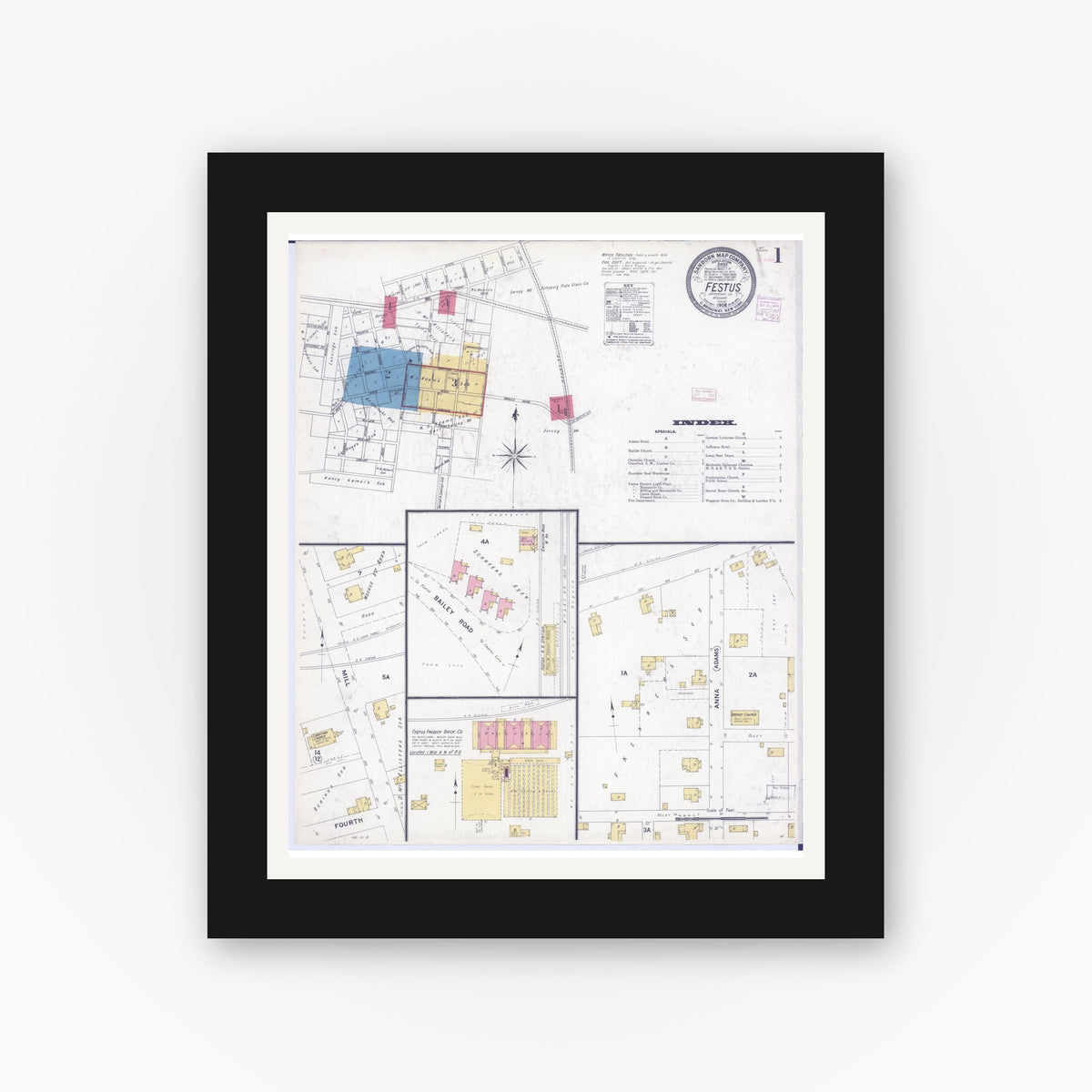 Old map wall art mockup — black gallery frame with white mat — Sanborn Fire Insurance Map from Festus, Jefferson County, Missouri (1908) - Complete Map Set
