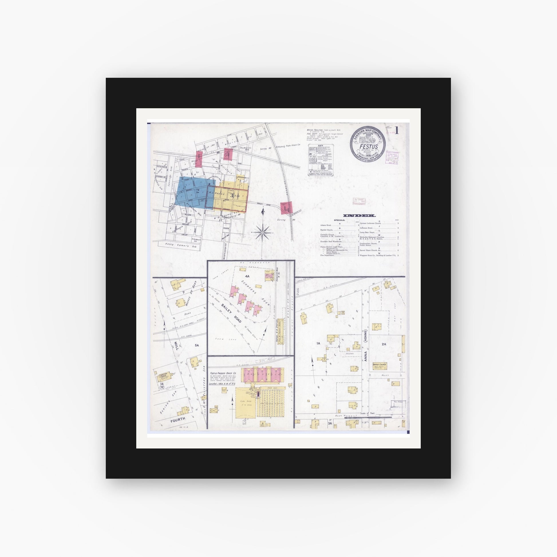 Old map wall art mockup — black gallery frame with white mat — Sanborn Fire Insurance Map from Festus, Jefferson County, Missouri (1908) - Complete Map Set
