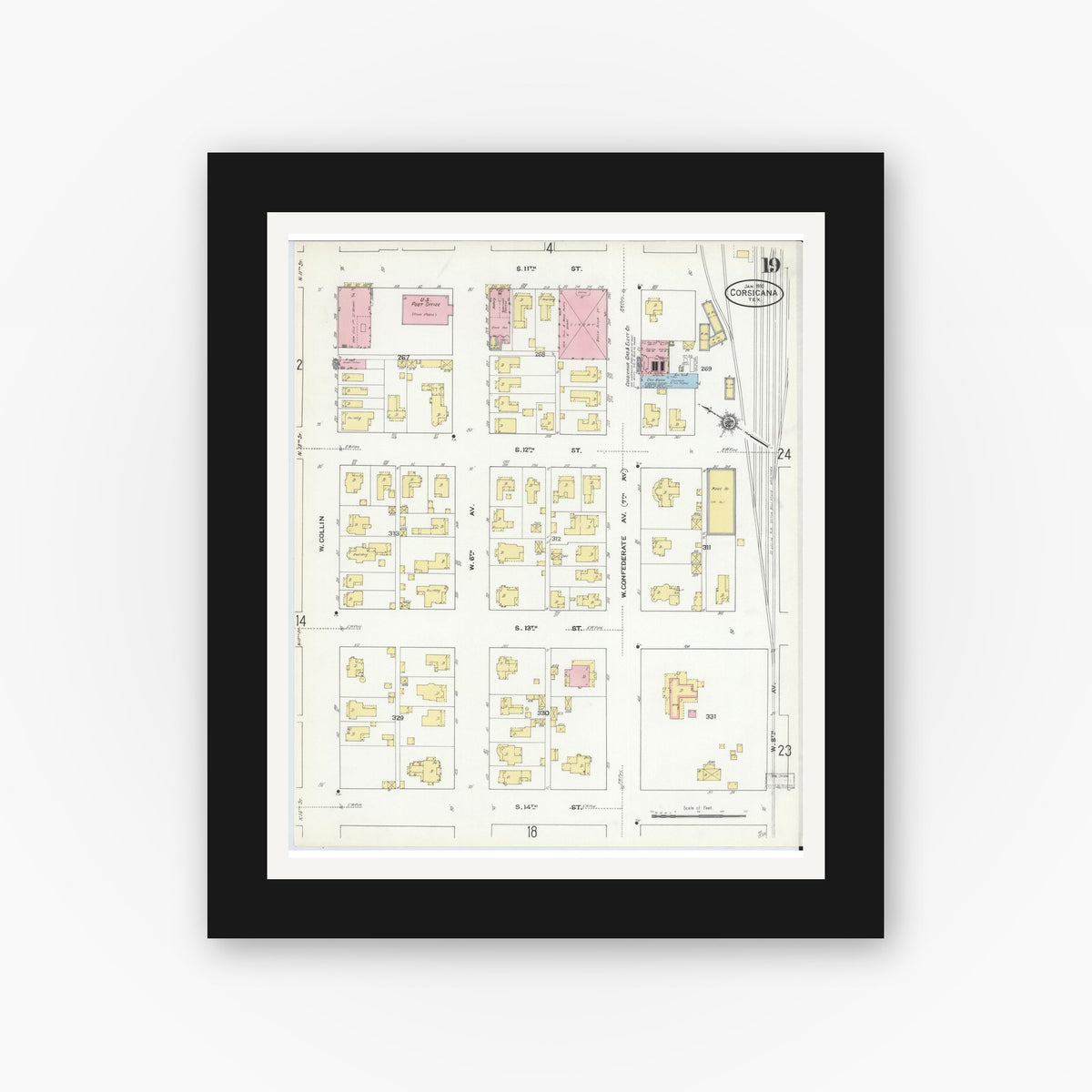 Old map wall art mockup — black gallery frame with white mat — Sanborn Map from Corsicana, Navarro County, Texas (1910), Sheet #0019