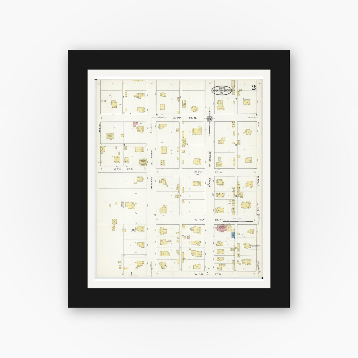 Old map wall art mockup — black gallery frame with white mat — Sanborn Fire Insurance Map from Mountain Grove, Wright County, Missouri (1915), Sheet #0002