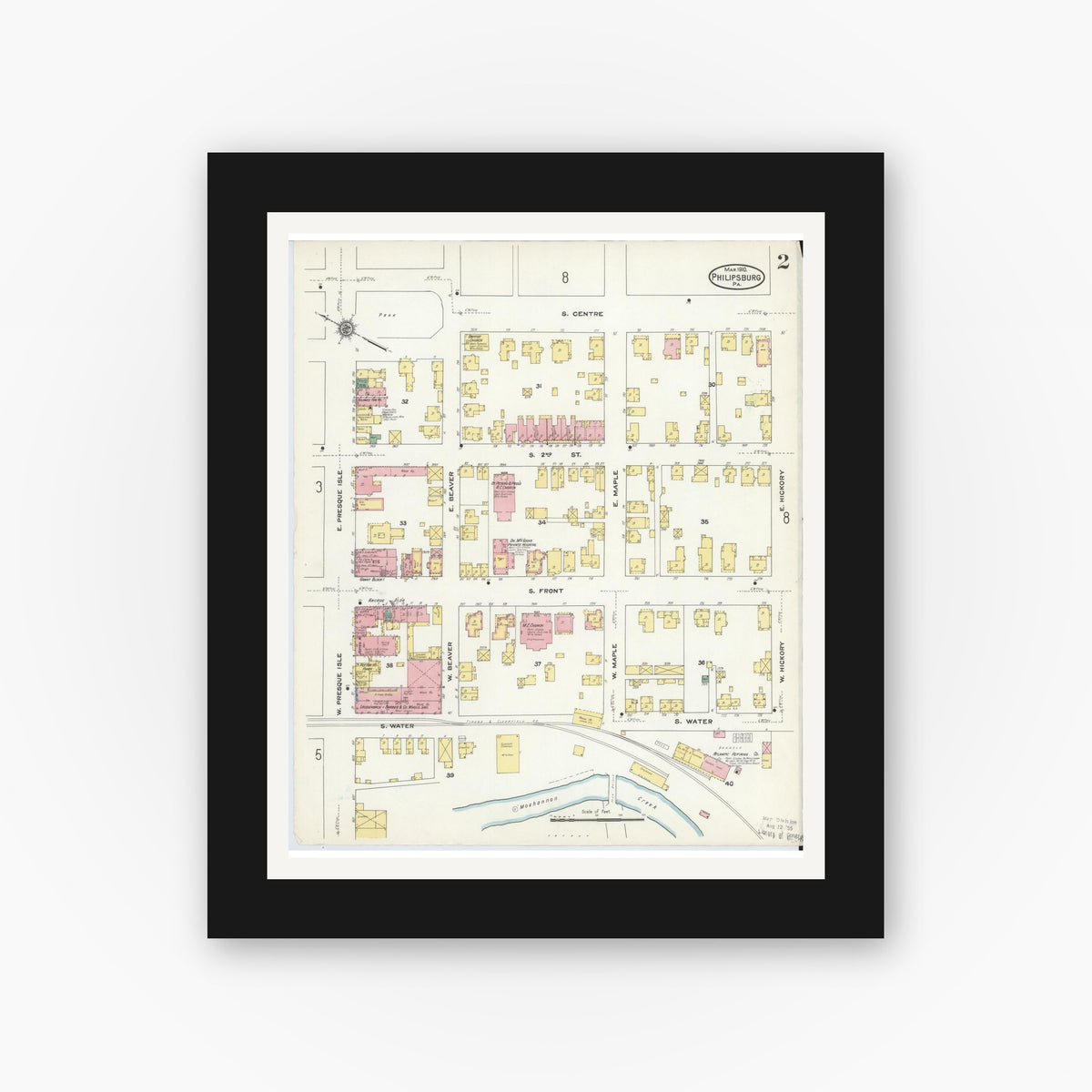 Old map wall art mockup — black gallery frame with white mat — Sanborn Fire Insurance Map from Philipsburg, Centre County, Pennsylvania (1910), Sheet #0002