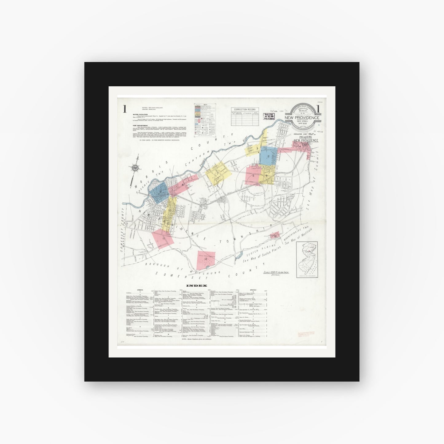 Old map wall art mockup — black gallery frame with white mat — Sanborn Fire Insurance Map from New Providence, Union County, New Jersey (1938) - Complete Map Set