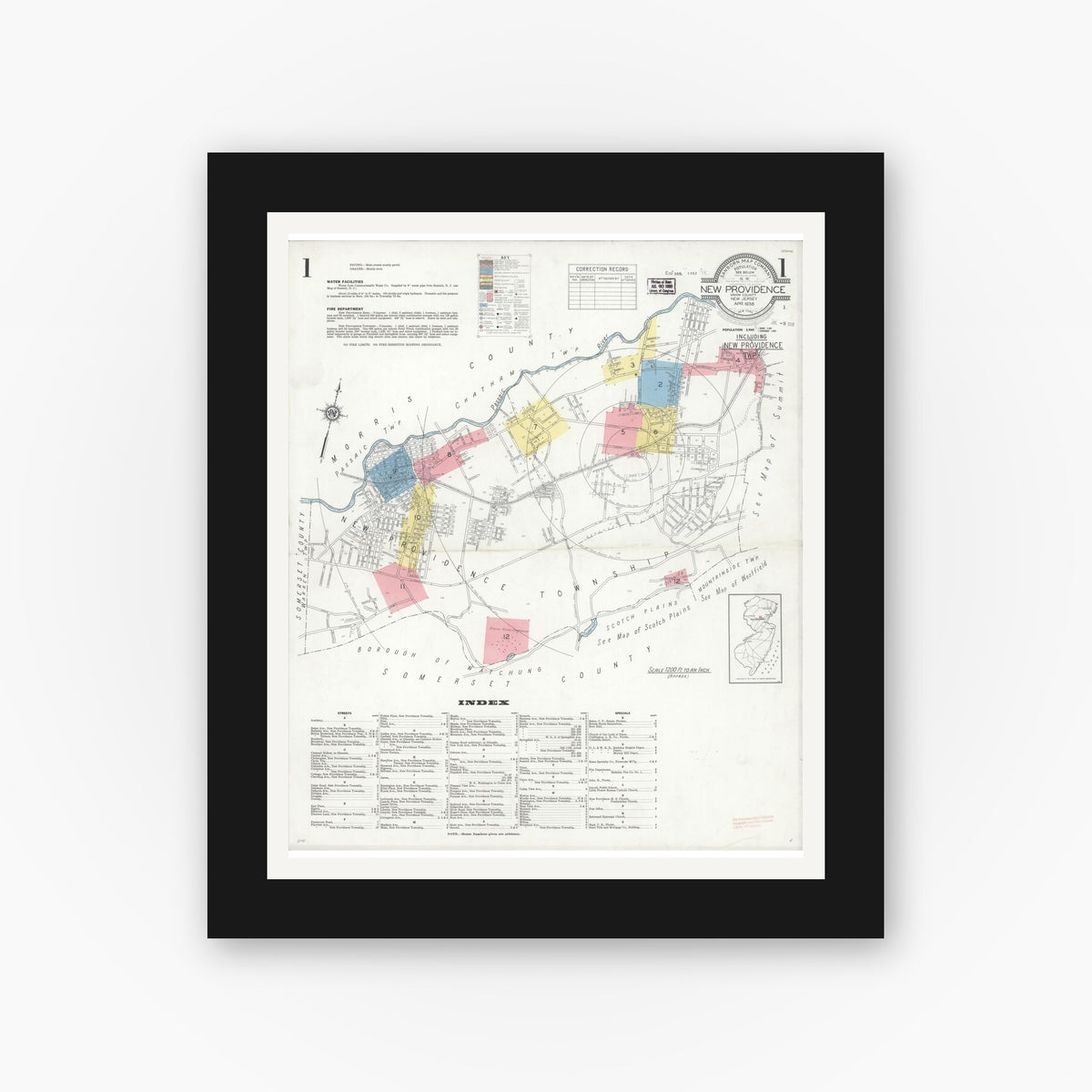 Old map wall art mockup — black gallery frame with white mat — Sanborn Fire Insurance Map from New Providence, Union County, New Jersey (1938) - Complete Map Set