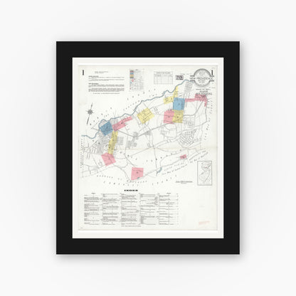 Old map wall art mockup — black gallery frame with white mat — Sanborn Fire Insurance Map from New Providence, Union County, New Jersey (1938) - Complete Map Set