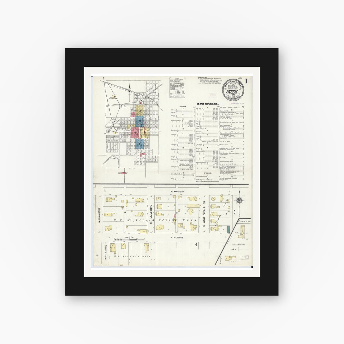 Old map wall art mockup — black gallery frame with white mat — Sanborn Fire Insurance Map from Herrin, Williamson County, Illinois (1909), Sheet #0001