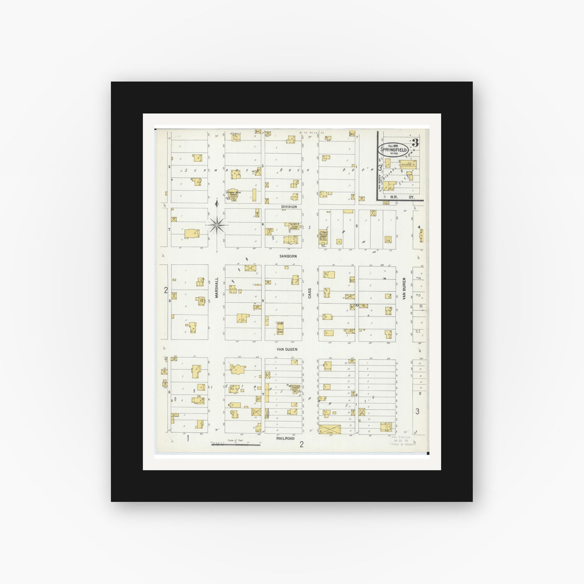 Old map wall art mockup — black gallery frame with white mat — Sanborn Fire Insurance Map from Springfield, Brown County, Minnesota (1899), Sheet #0003