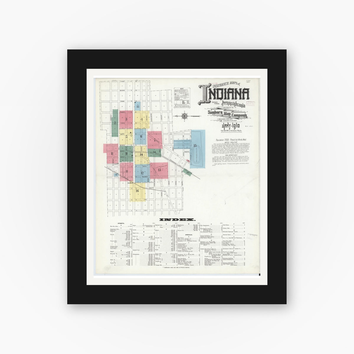 Old map wall art mockup — black gallery frame with white mat — Sanborn Fire Insurance Map from Indiana, Indiana County, Pennsylvania (1910) - Complete Map Set