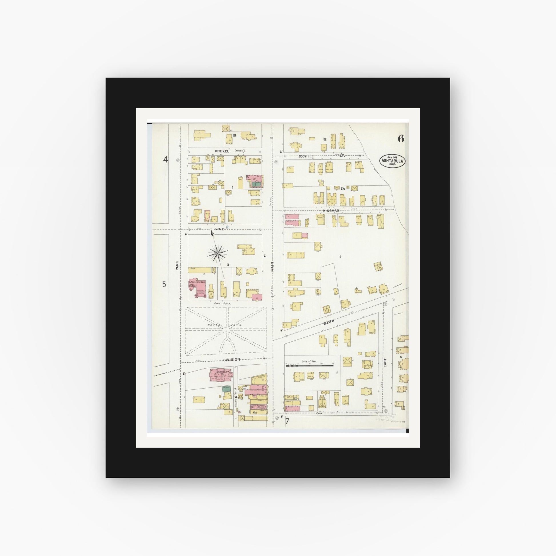 Old map wall art mockup — black gallery frame with white mat — Sanborn Fire Insurance Map from Ashtabula, Ashtabula County, Ohio (1903), Sheet #0006
