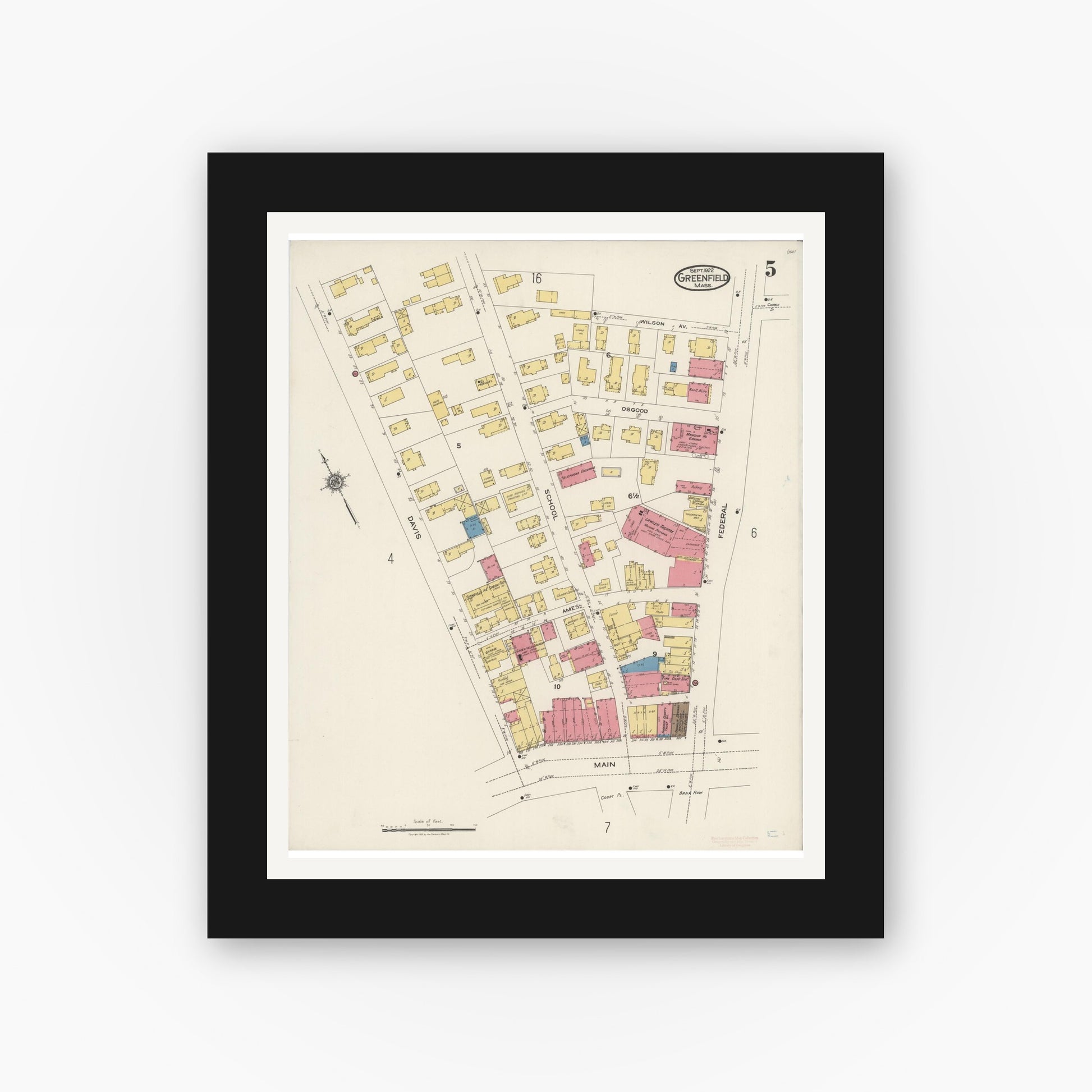 Old map wall art mockup — black gallery frame with white mat — Sanborn Fire Insurance Map from Greenfield, Franklin County, Massachusetts (1922), Sheet #0005