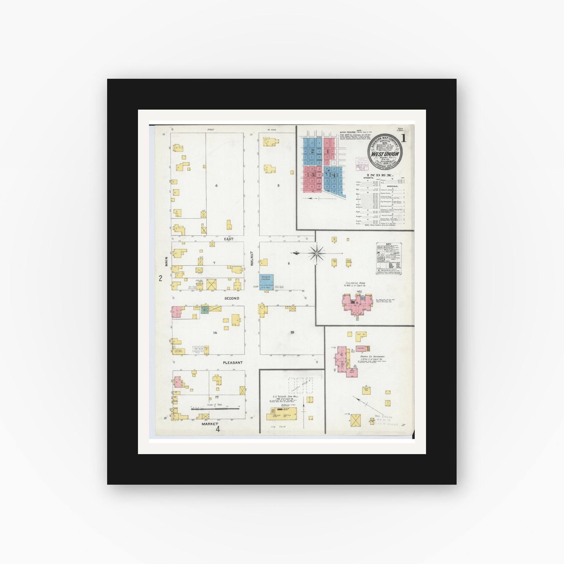 Old map wall art mockup — black gallery frame with white mat — Sanborn Fire Insurance Map from West Union, Adams County, Ohio (1904) - Complete Map Set