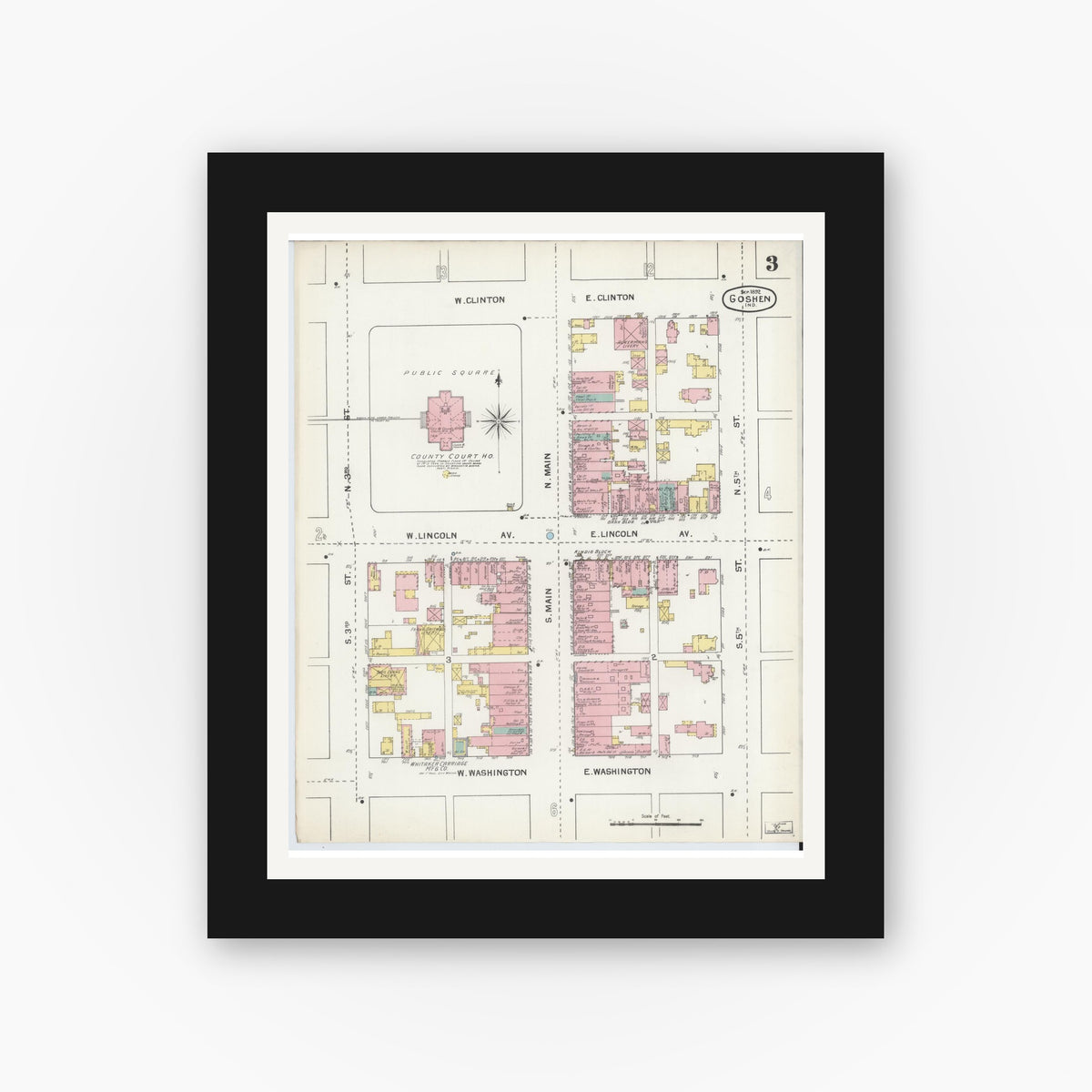 Old map wall art mockup — black gallery frame with white mat — Sanborn Fire Insurance Map from Goshen, Elkhart County, Indiana (1892), Sheet #0003