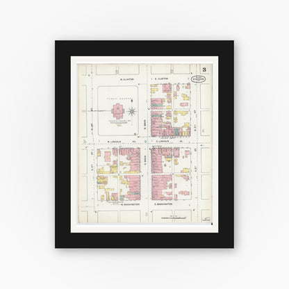 Old map wall art mockup — black gallery frame with white mat — Sanborn Fire Insurance Map from Goshen, Elkhart County, Indiana (1892), Sheet #0003