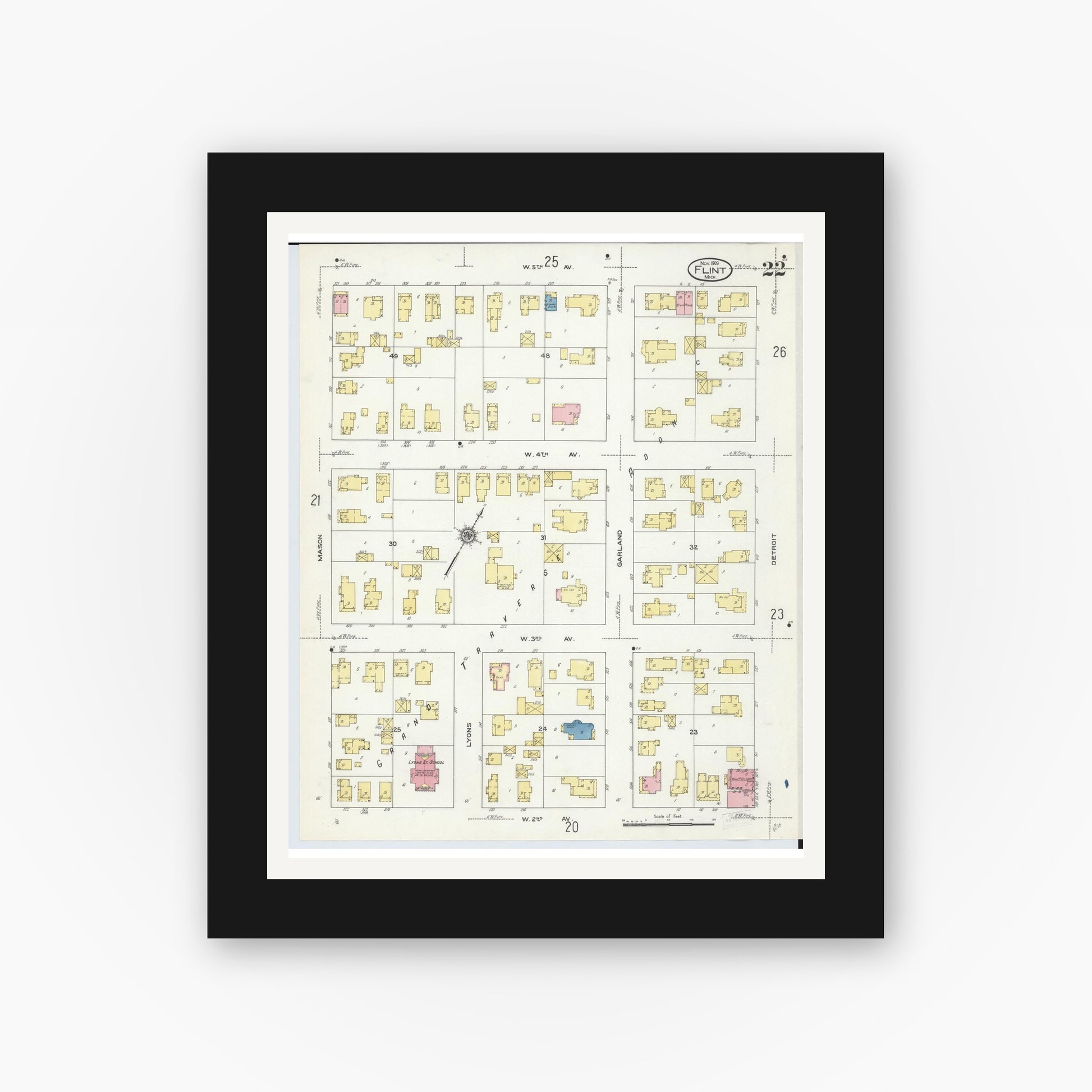 Old map wall art mockup — black gallery frame with white mat — Sanborn Fire Insurance Map from Flint, Genesee County, Michigan (1909), Sheet #0022