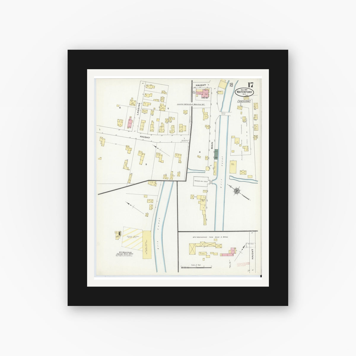 Old map wall art mockup — black gallery frame with white mat — Sanborn Fire Insurance Map from Waterford, Saratoga County, New York (1909), Sheet #0017
