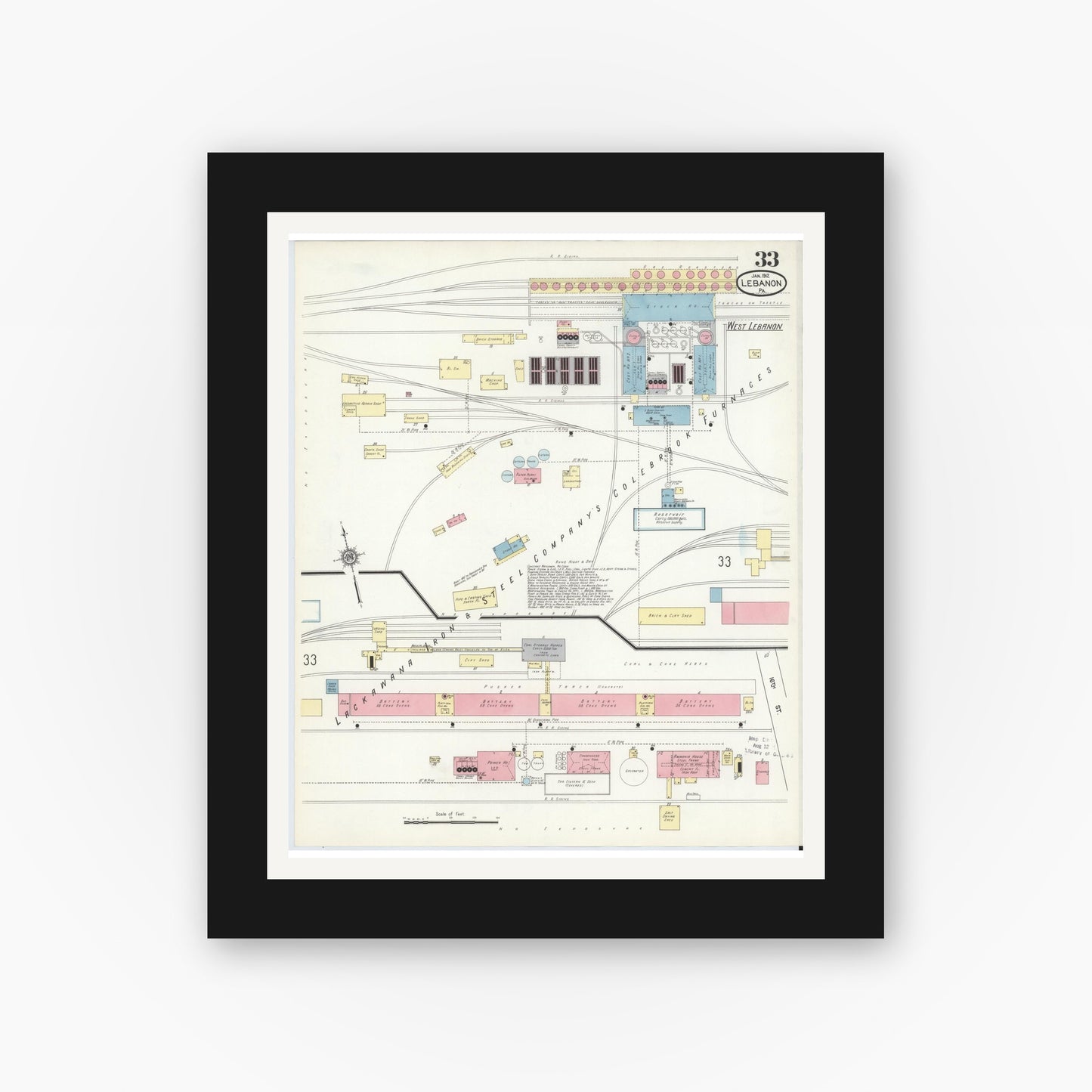 Old map wall art mockup — black gallery frame with white mat — Sanborn Fire Insurance Map from Lebanon, Lebanon County, Pennsylvania (1912), Sheet #0033