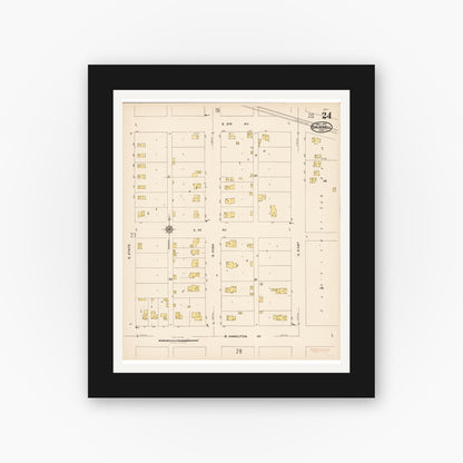 Old map wall art mockup — black gallery frame with white mat — Sanborn Fire Insurance Map from Grinnell, Poweshiek County, Iowa (1922), Sheet #0024