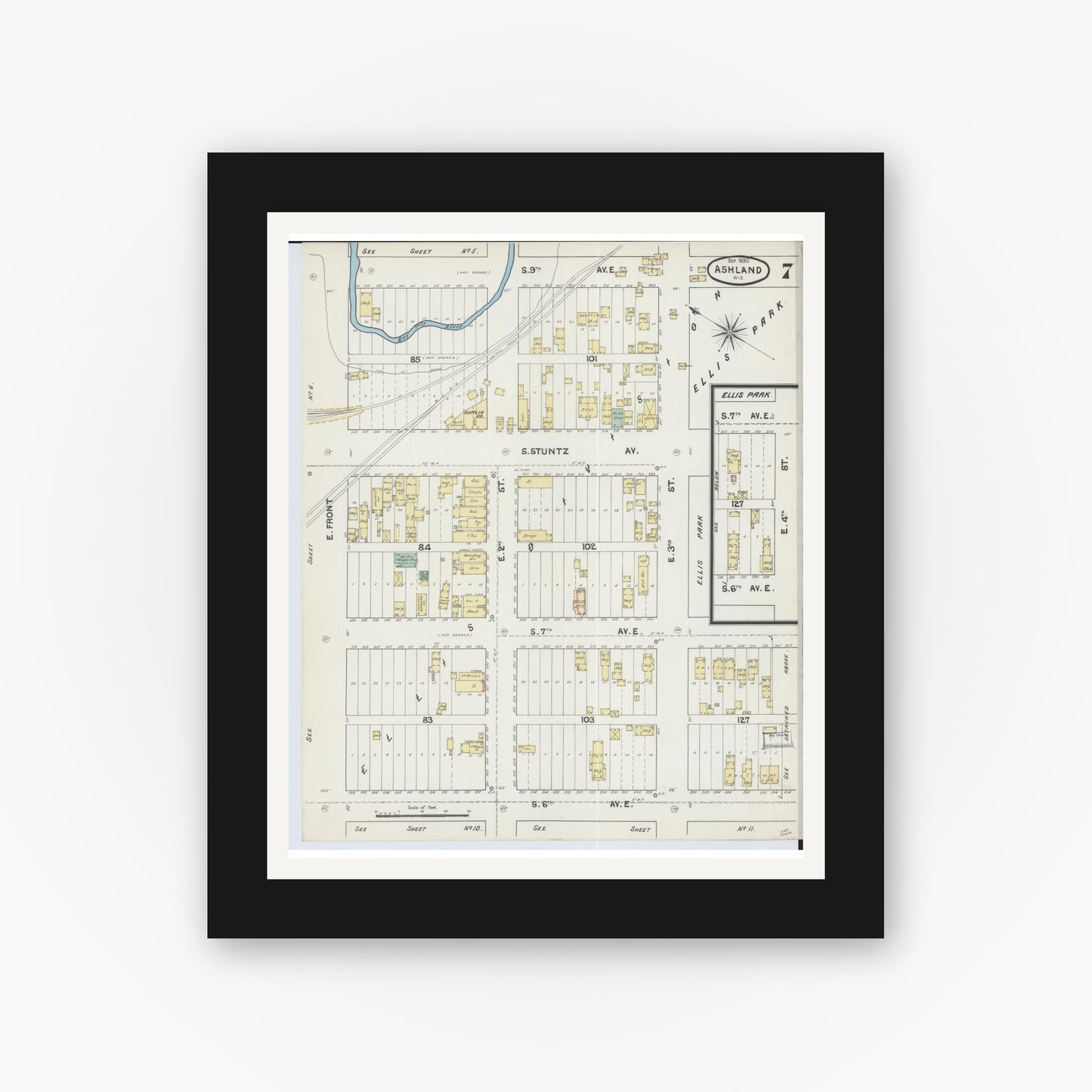 Old map wall art mockup — black gallery frame with white mat — Sanborn Fire Insurance Map from Ashland, Ashland County, Wisconsin (1890), Sheet #0007