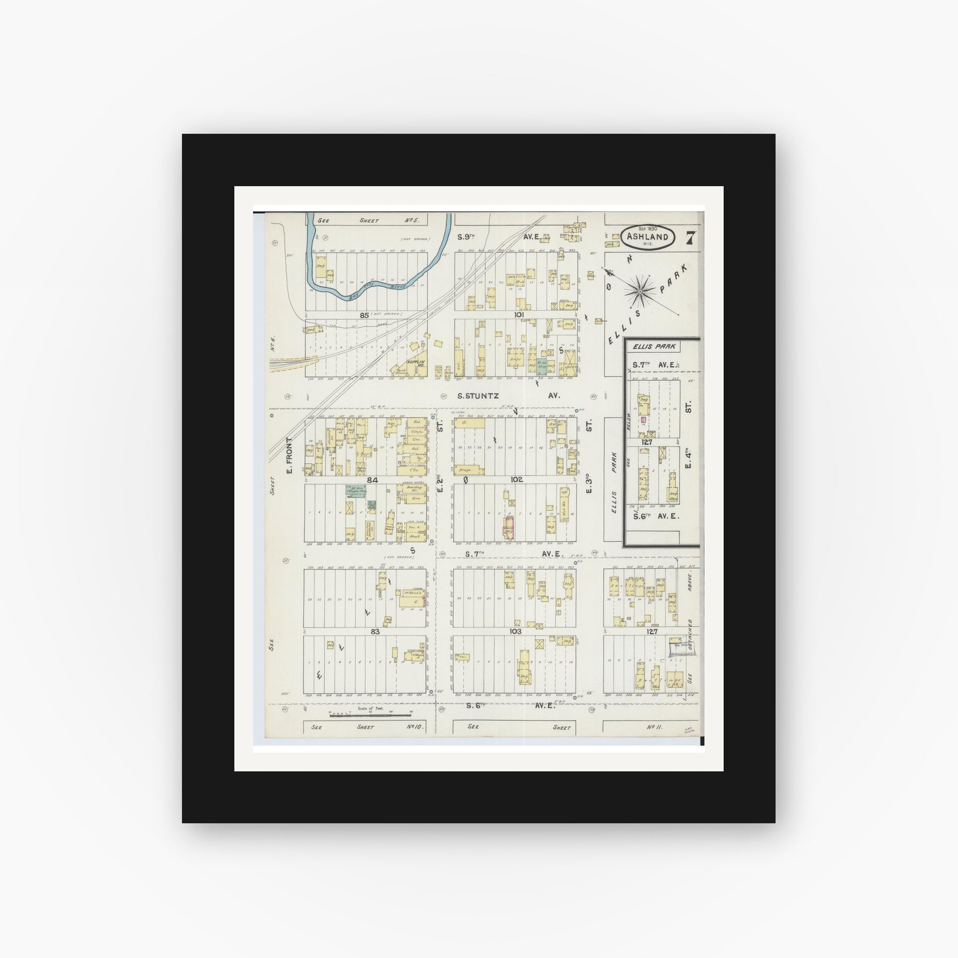 Old map wall art mockup — black gallery frame with white mat — Sanborn Fire Insurance Map from Ashland, Ashland County, Wisconsin (1890), Sheet #0007