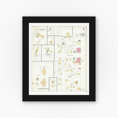 Old map wall art mockup — black gallery frame with white mat — Sanborn Fire Insurance Map from Milford, Ellis County, Texas (1905), Sheet #0002