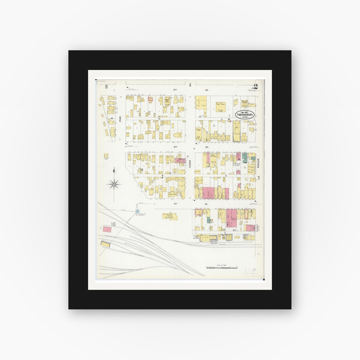 Old map wall art mockup — black gallery frame with white mat — Sanborn Fire Insurance Map from Two Harbors, Lake County, Minnesota (1907), Sheet #0002