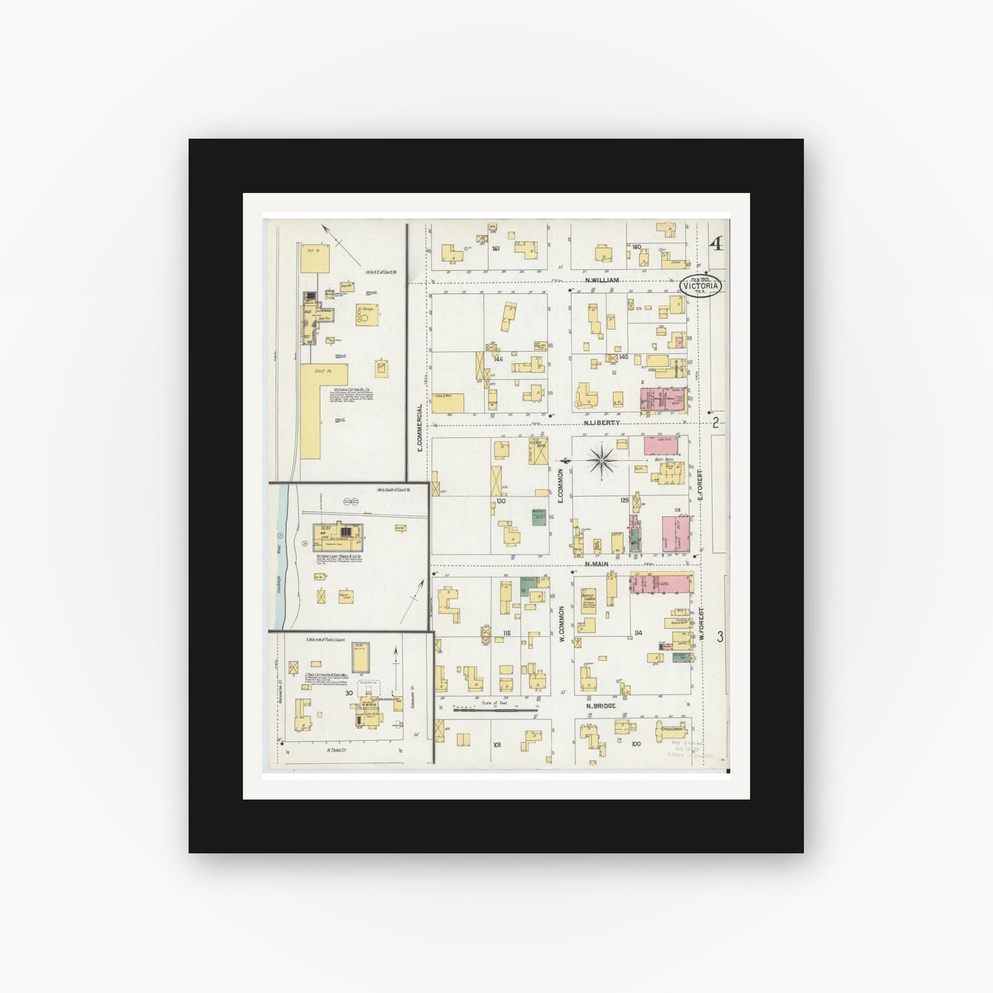 Old map wall art mockup — black gallery frame with white mat — Sanborn Fire Insurance Map from Victoria, Victoria County, Texas (1902), Sheet #0004