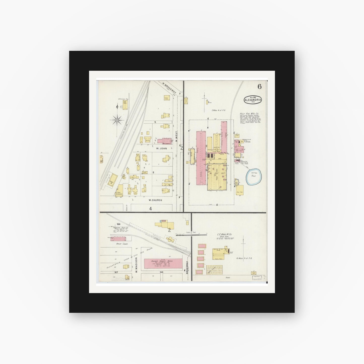 Old map wall art mockup — black gallery frame with white mat — Sanborn Fire Insurance Map from Alexandria, Madison County, Indiana (1896), Sheet #0006