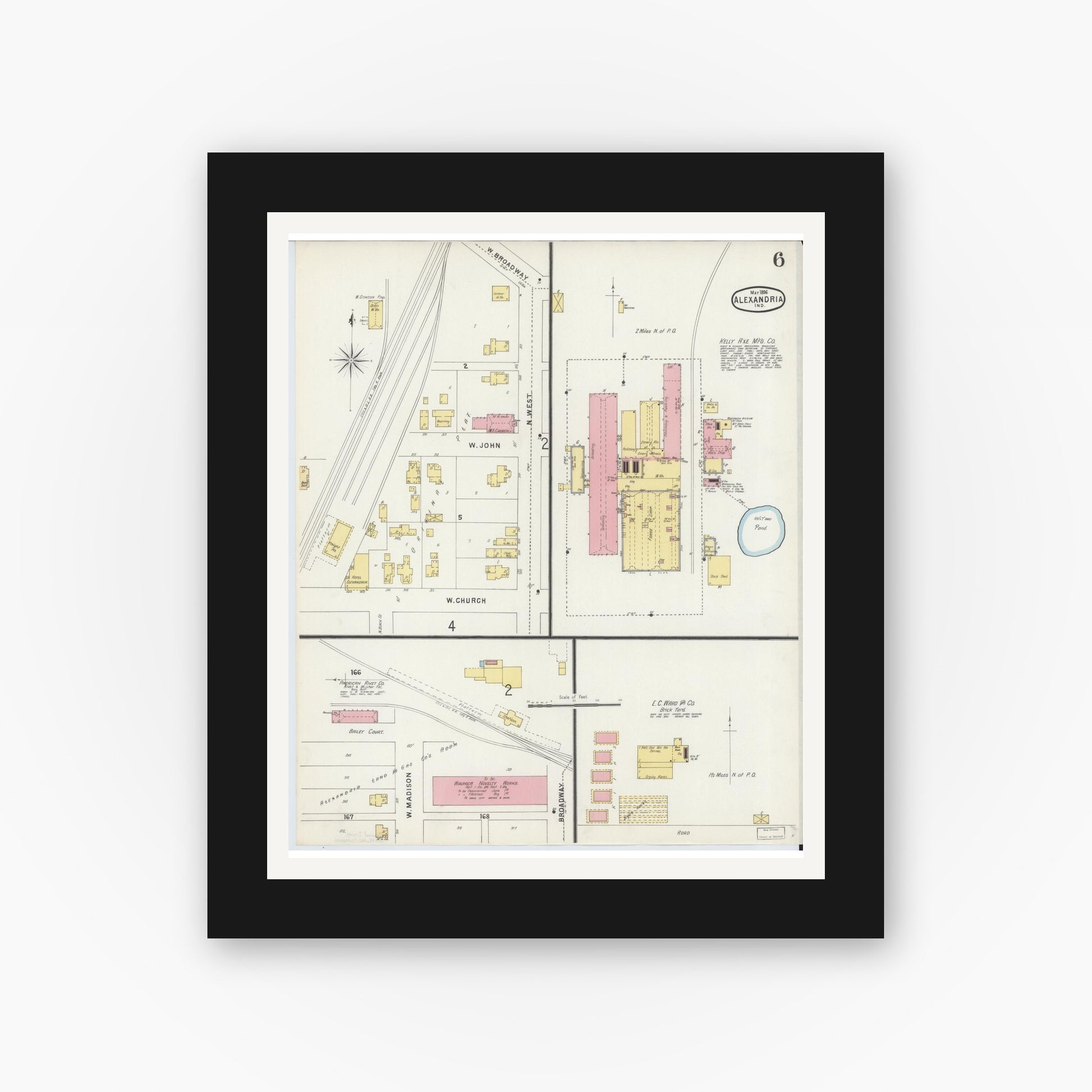 Old map wall art mockup — black gallery frame with white mat — Sanborn Fire Insurance Map from Alexandria, Madison County, Indiana (1896), Sheet #0006
