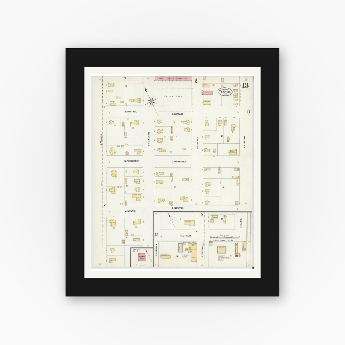 Old map wall art mockup — black gallery frame with white mat — Sanborn Fire Insurance Map from Terrell, Kaufman County, Texas (1902), Sheet #0013