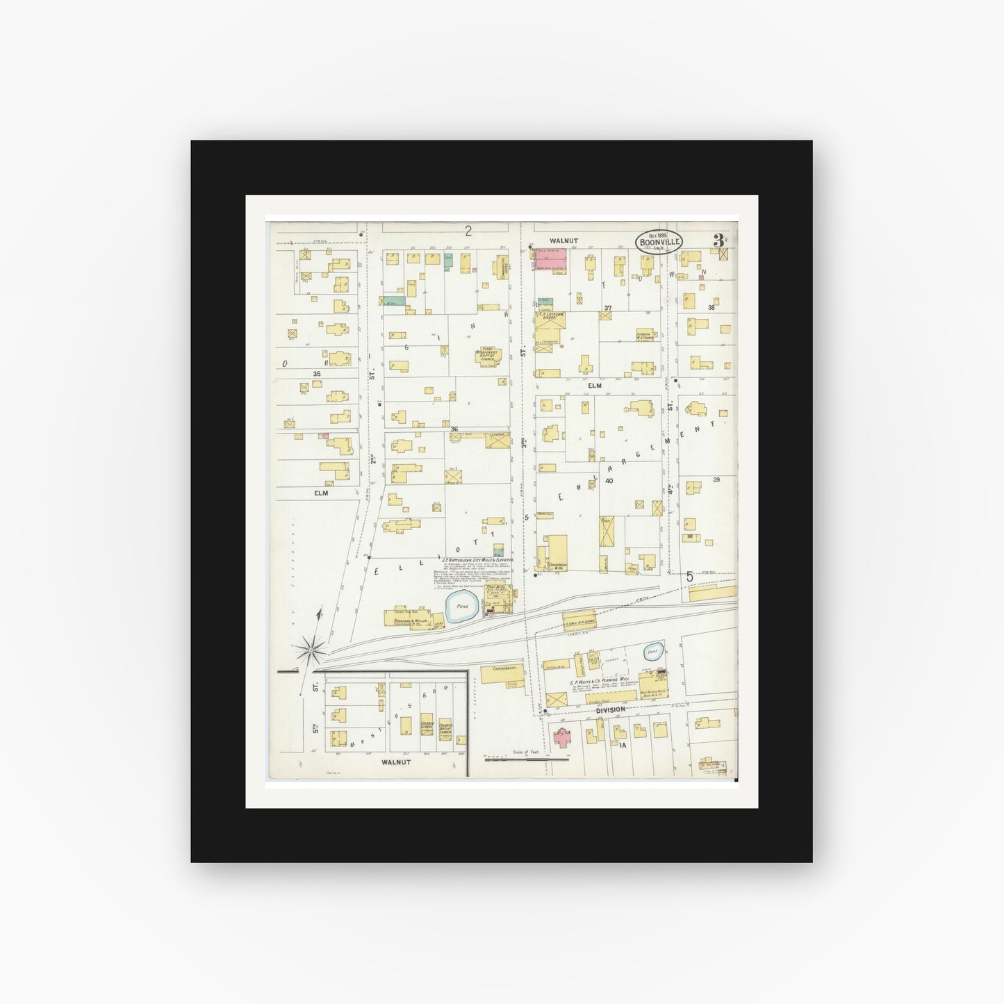 Old map wall art mockup — black gallery frame with white mat — Sanborn Fire Insurance Map from Boonville, Warrick County, Indiana (1899), Sheet #0003