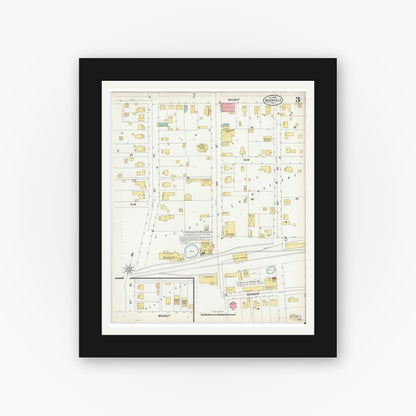 Old map wall art mockup — black gallery frame with white mat — Sanborn Fire Insurance Map from Boonville, Warrick County, Indiana (1899), Sheet #0003