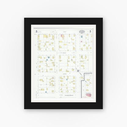 Old map wall art mockup — black gallery frame with white mat — Sanborn Fire Insurance Map from Perham, Otter Tail County, Minnesota (1929), Sheet #0005
