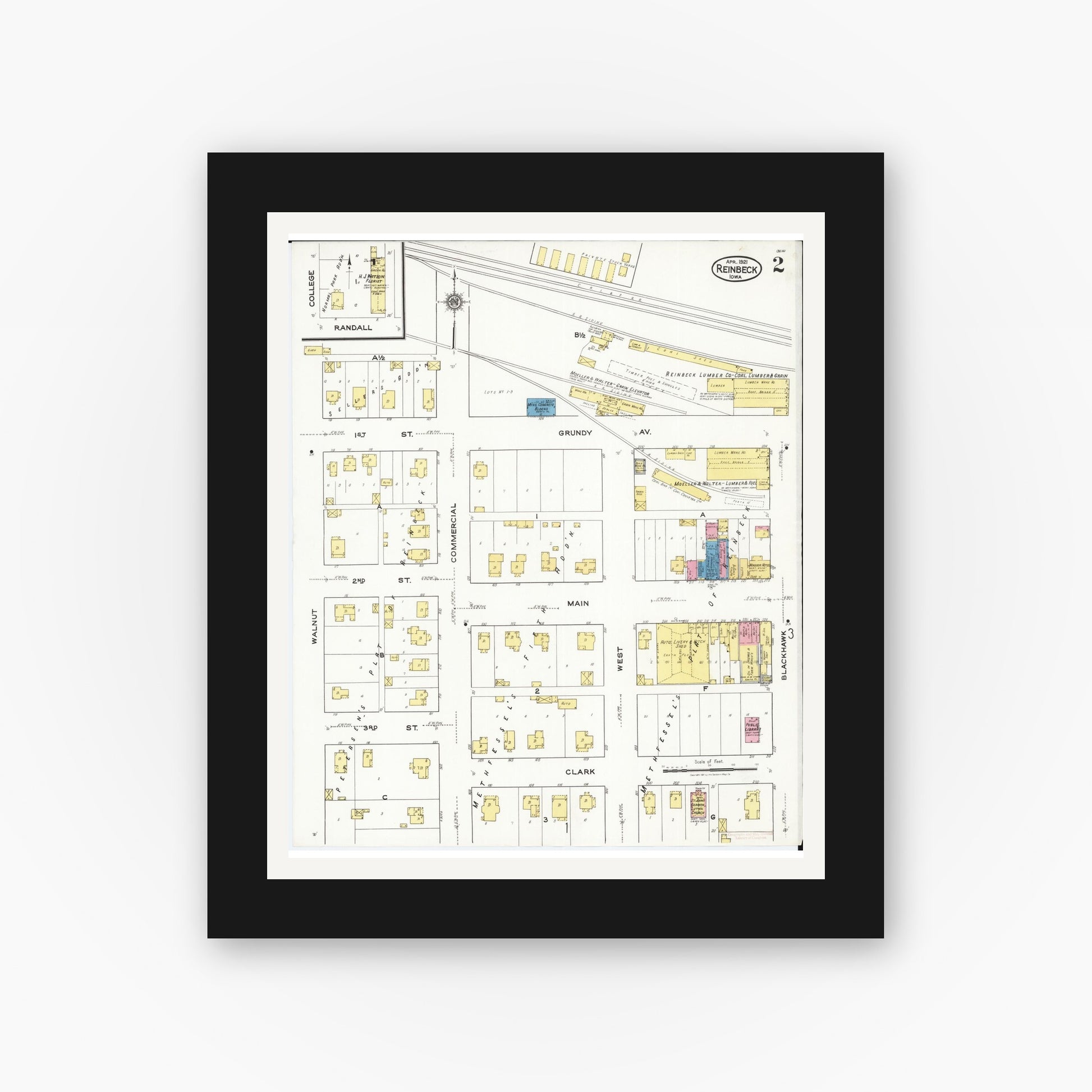 Old map wall art mockup — black gallery frame with white mat — Sanborn Fire Insurance Map from Reinbeck, Grundy County, Iowa (1921), Sheet #0002