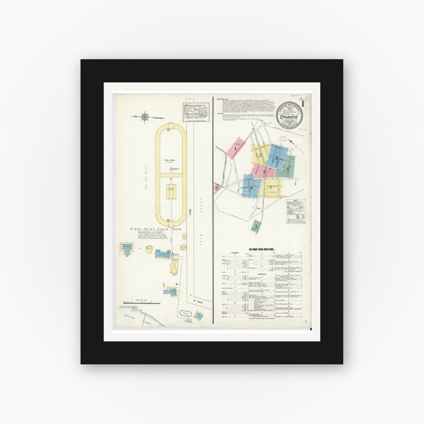 Old map wall art mockup — black gallery frame with white mat — Sanborn Fire Insurance Map from Ephrata, Lancaster County, Pennsylvania (1912) - Complete Map Set