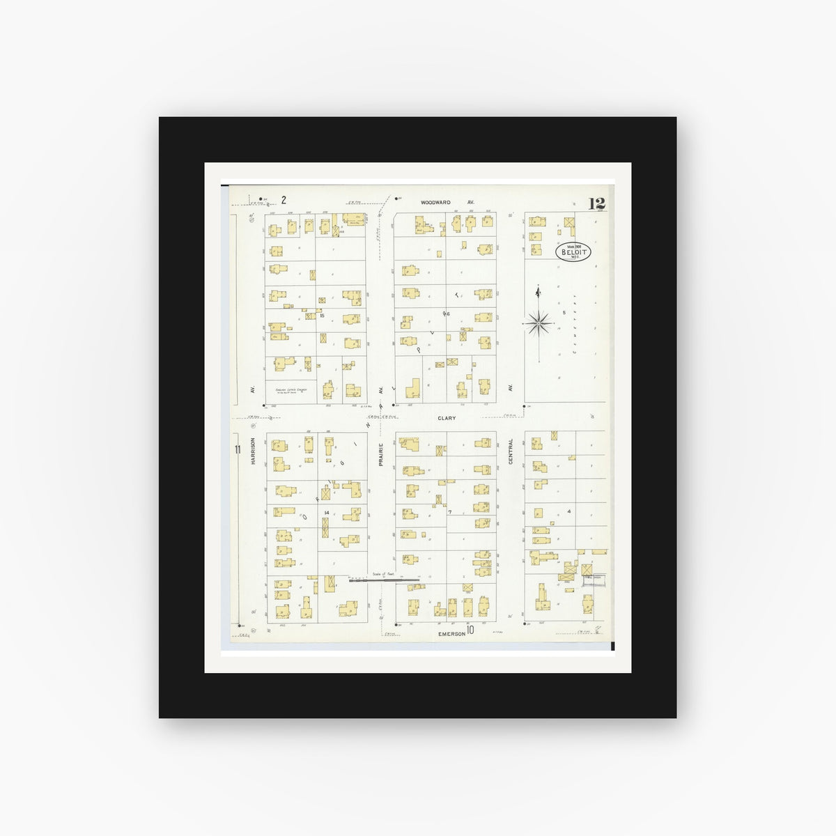Old map wall art mockup — black gallery frame with white mat — Sanborn Fire Insurance Map from Beloit, Rock County, Wisconsin (1908), Sheet #0012