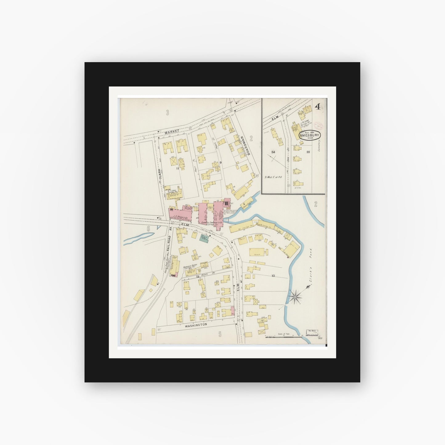 Old map wall art mockup — black gallery frame with white mat — Sanborn Fire Insurance Map from Amesbury, Essex County, Massachusetts (1894), Sheet #0004