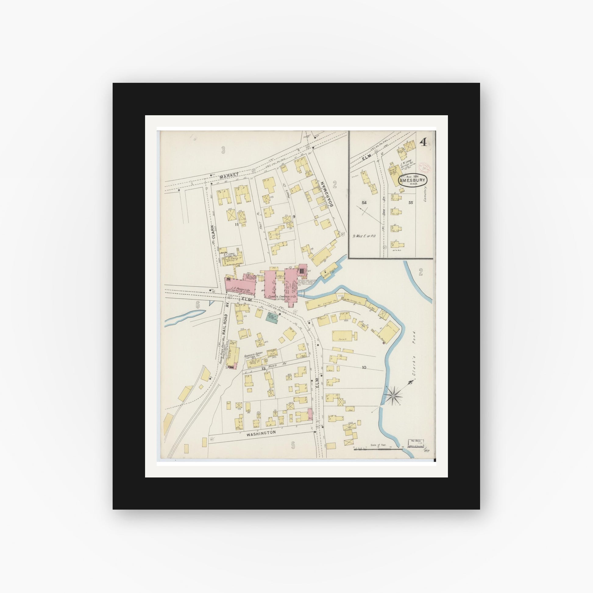 Old map wall art mockup — black gallery frame with white mat — Sanborn Fire Insurance Map from Amesbury, Essex County, Massachusetts (1894), Sheet #0004