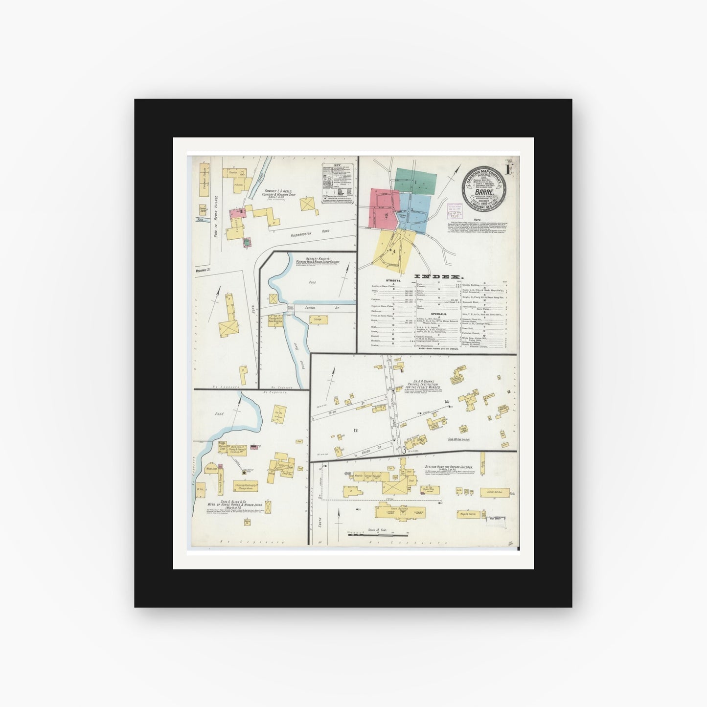 Old map wall art mockup — black gallery frame with white mat — Sanborn Fire Insurance Map from Barre, Worcester County, Massachusetts (1905), Sheet #0001