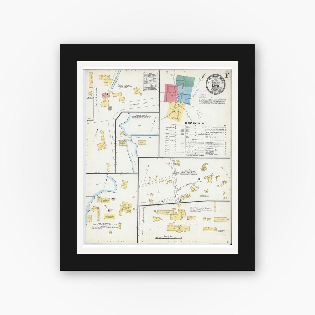 Old map wall art mockup — black gallery frame with white mat — Sanborn Fire Insurance Map from Barre, Worcester County, Massachusetts (1905), Sheet #0001