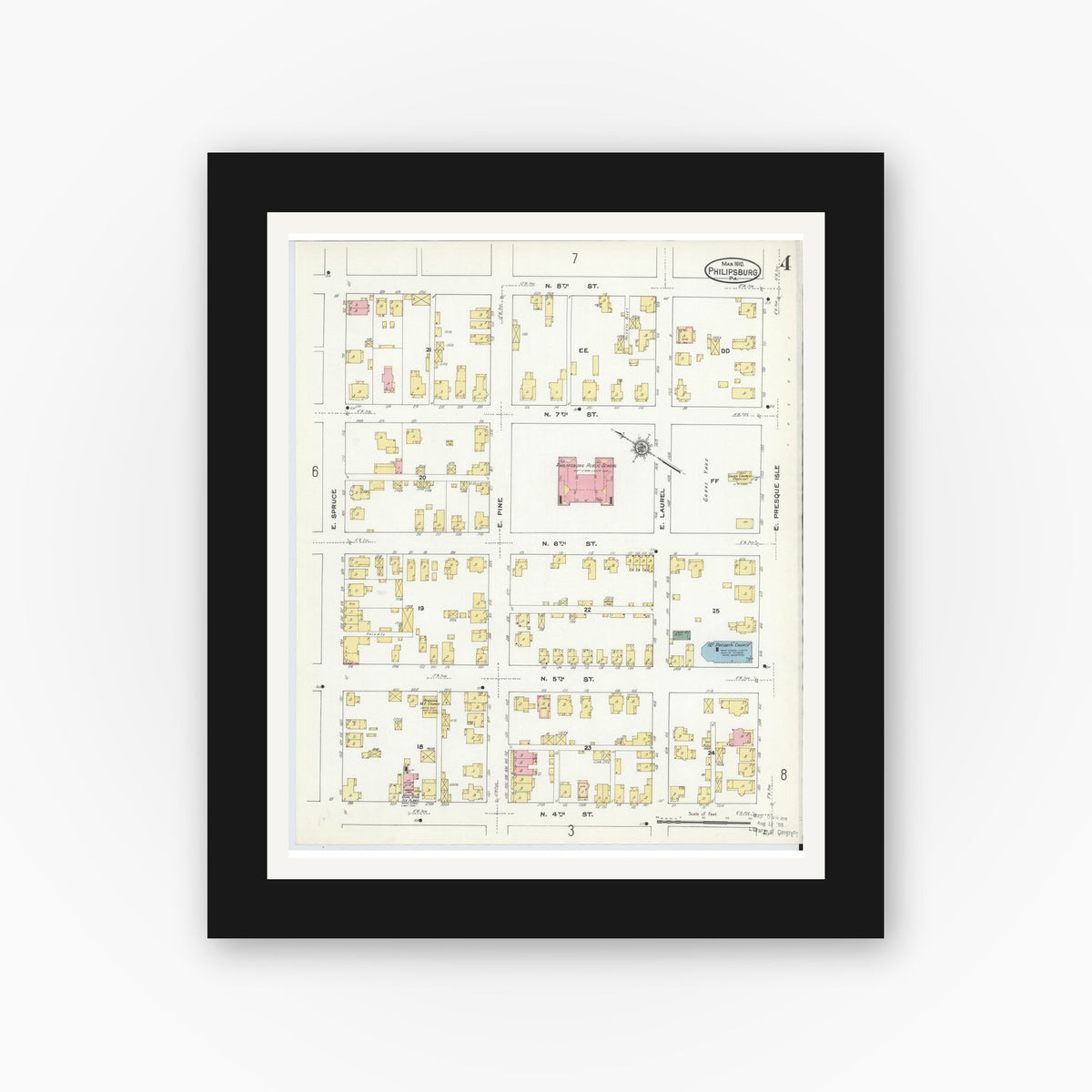 Old map wall art mockup — black gallery frame with white mat — Sanborn Fire Insurance Map from Philipsburg, Centre County, Pennsylvania (1910), Sheet #0004