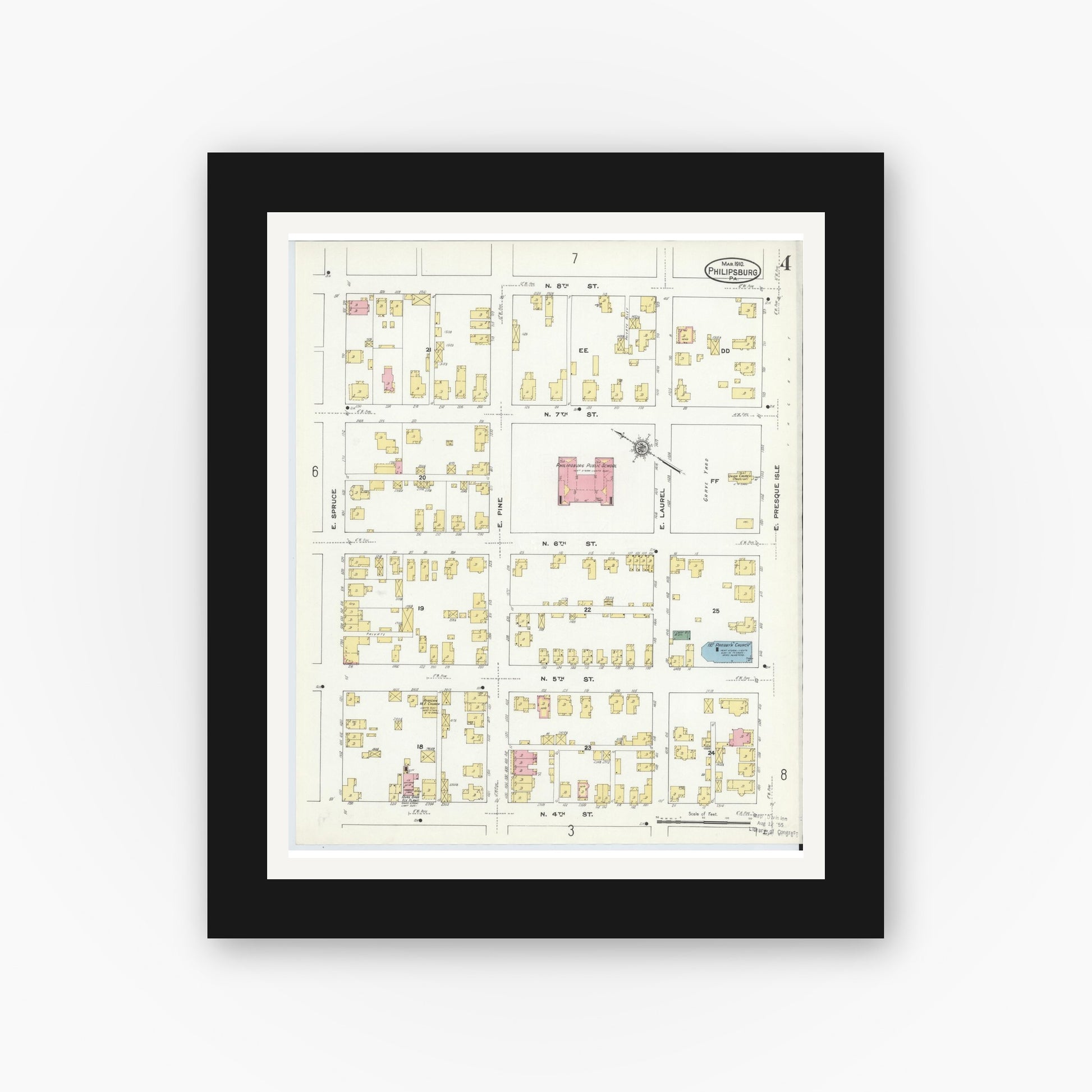 Old map wall art mockup — black gallery frame with white mat — Sanborn Fire Insurance Map from Philipsburg, Centre County, Pennsylvania (1910), Sheet #0004